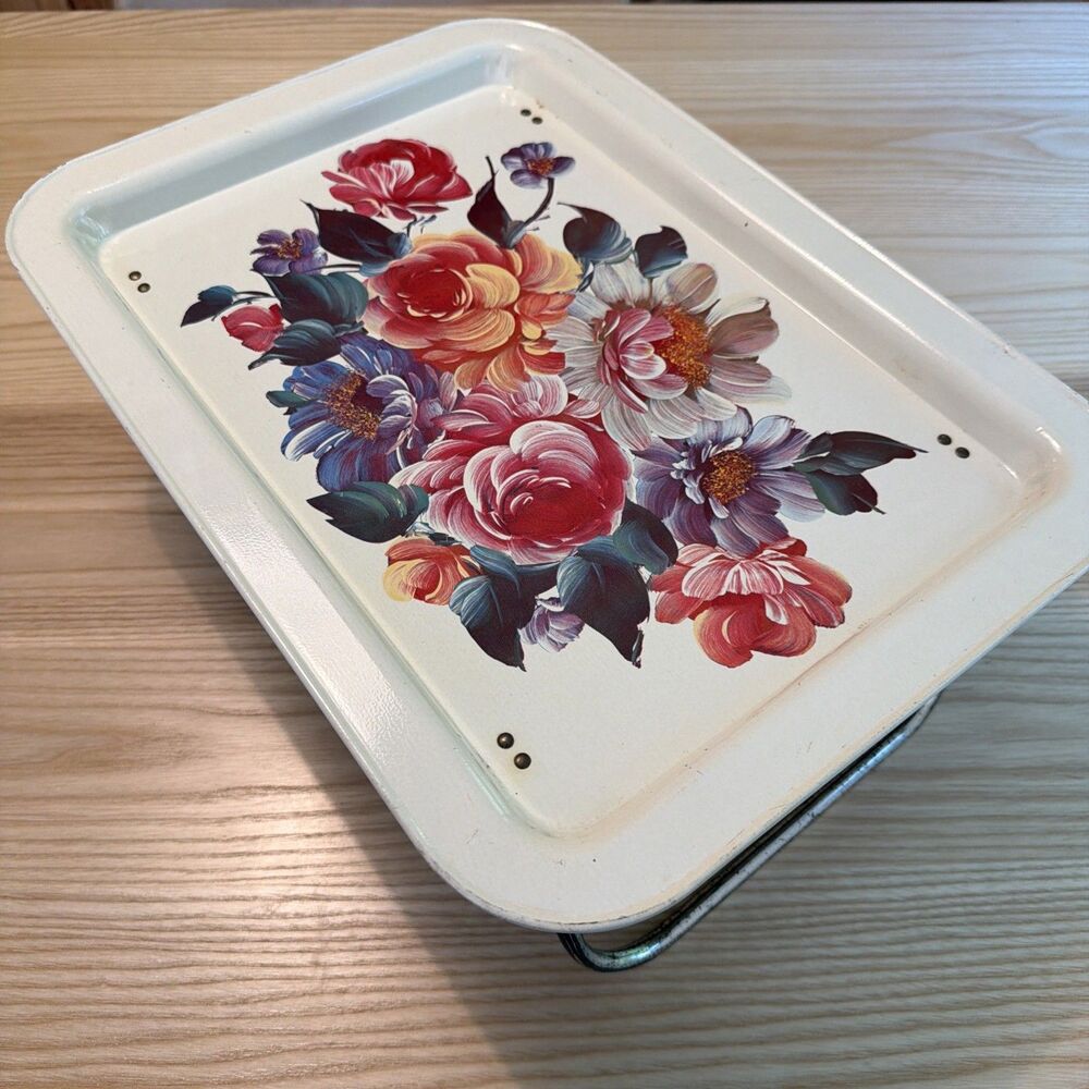VTG MCM TV Table Bed Lap Tray Cottagecore Folding Legs Aluminum:Floral-Pre-Owned